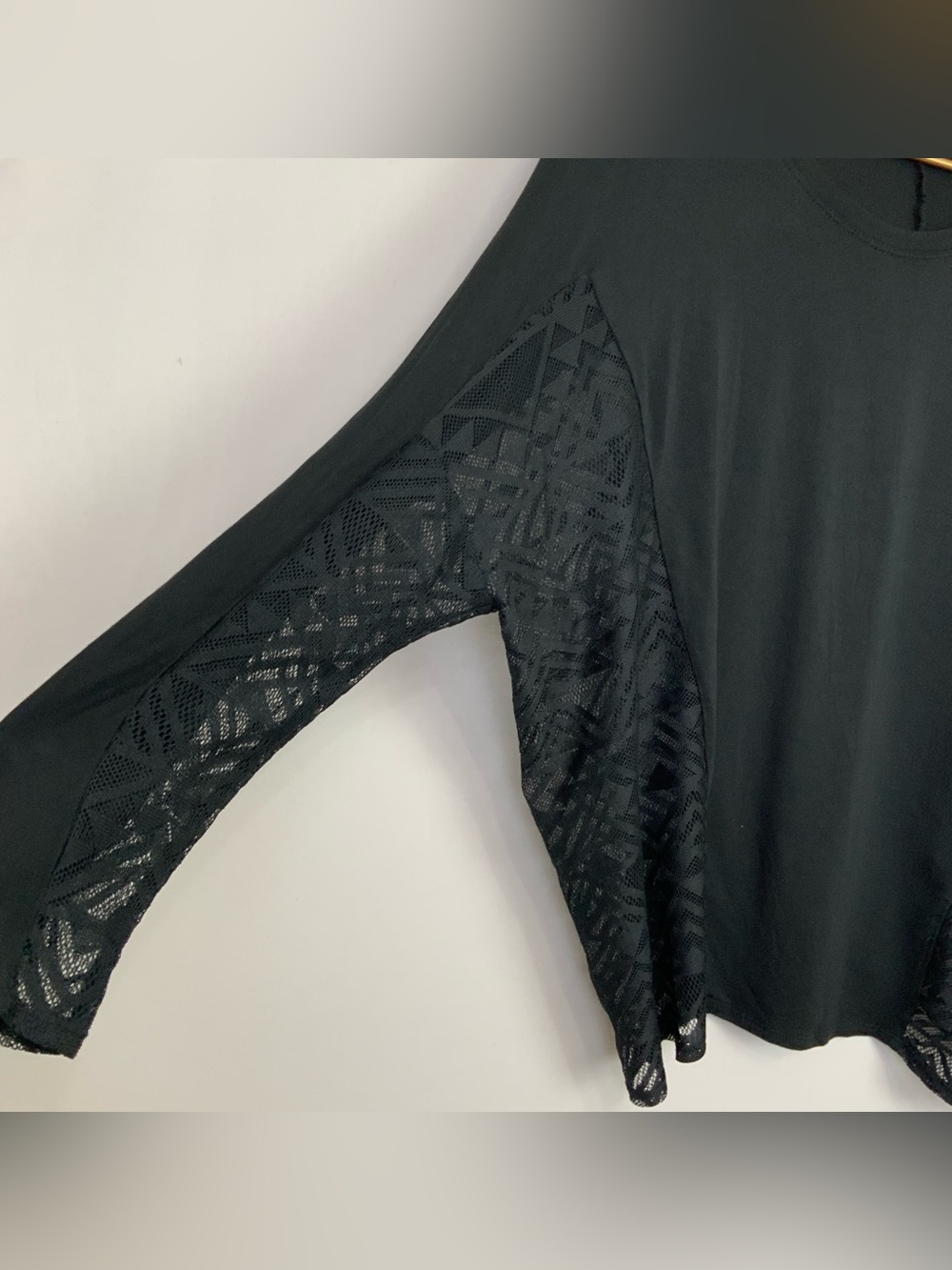 RAMY BROOK Apres Sz Large Black Geometric Sheer Lace Sleeves Back Jersey Top